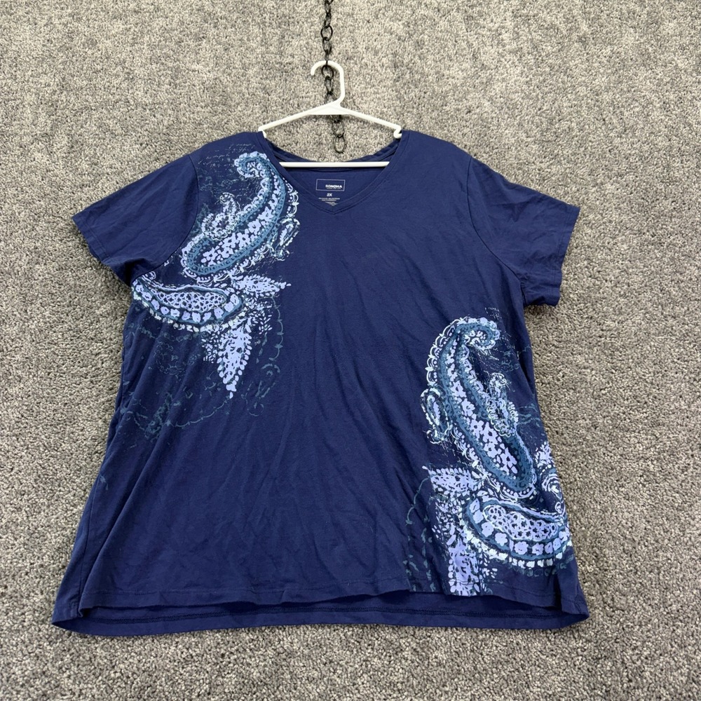 Sonoma T Shirt Womens 2X Large Blue Paisley V Neck Short Sleeve Cotton Blend Tee